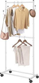 img 4 attached to White Double Rod Clothes Garment Rack with Wheels, 4 Hooks - Simple Trending Rolling Clothing Organizer