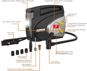 img 2 attached to 🚗 Arteck Portable 12V DC Tire Air Compressor Pump - Tire Inflator with Gauge for Car, Bicycle, Motorcycle, Basketball & More - 150 PSI - Portable Digital Auto Tire Inflator