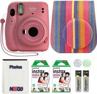 fujifilm instax mini 11 camera bundle: case, fuji instant film (20 sheets), and photo album - flamingo pink logo