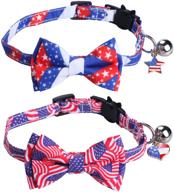 🐱 2-pack of fourth of july cat collars with usa flag stars, bow tie bell, and breakaway feature - adjustable red, white, and blue collars for cats and kittens логотип