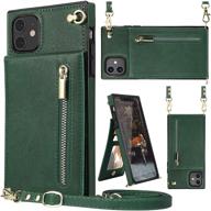 green iphone 11 crossbody wallet case - genuine leather with card holder, kickstand, magnetic closure, zipper purse - adjustable removable strap, square corners protective back cover logo