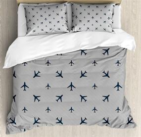 img 1 attached to ✈️ Petrol Blue Airplane Duvet Cover Set: Diagonal Stripes with Travel Silhouettes, King Size - Ambesonne