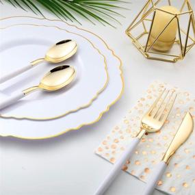 img 1 attached to 🍴 I00000 144 PCS Disposable Gold Silverware Set with White Handle - Premium Quality Plastic Flatware - Includes 48 Forks, 48 Knives, and 48 Spoons