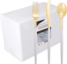 img 4 attached to 🍴 I00000 144 PCS Disposable Gold Silverware Set with White Handle - Premium Quality Plastic Flatware - Includes 48 Forks, 48 Knives, and 48 Spoons