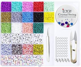 img 4 attached to 📿 7600pcs Bead Craft Kit Set for Jewelry Making: Bracelet Beads, Glass Seed Beads, Heart Smiley Acrylic Letter Beads, Elastic String Cords, Tweezers and DIY Craft Accessories Material Kit