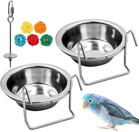 img 4 attached to 🐦 2 Pack Stainless Steel Bird Feeder Dishes with Wire Hook - Parrot Feeding Cups with Food Holder and Rattan Ball for Finches Lovebirds (Set 1)