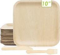 30 disposable palm leaf plates: square 10 inch with wood forks & knives - extra sturdy, 100% compostable & biodegradable - rustic eco-friendly party tableware logo