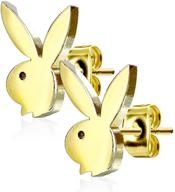 🐰 playboy bunny earring studs for women - pierce2go 20g surgical steel, 0.8mm plated, playboy license (gold) logo