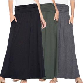 img 3 attached to 👗 Isaac Liev Women's Maxi Skirt – Pack of 3 High Waisted Ruched Fold Over Elastic Waistband Flowy Long Length Skirts. Made in USA