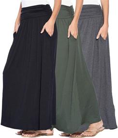 img 2 attached to 👗 Isaac Liev Women's Maxi Skirt – Pack of 3 High Waisted Ruched Fold Over Elastic Waistband Flowy Long Length Skirts. Made in USA