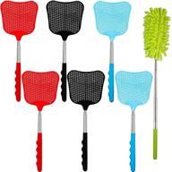 🪰 aqjunong 6 pack stainless steel handle fly swatter set - telescopic, heavy duty, extendable plastic flyswatter with dusting brush for indoor, outdoor, classroom, office (3 colors) logo
