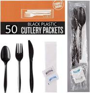 🍽️ 50 individually wrapped plastic cutlery packets - knife, fork, spoon, napkin, salt and pepper sets - black plastic silverware sets - bulk disposable utensil cutlery kit for on-the-go logo