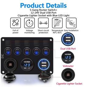 img 1 attached to 🚤 Marine Boat Car RV Truck Rocker Switch Panel - FXC 5 Gang with Dual USB Slot Socket, Cigarette Lighter, Voltmeter - Waterproof Blue LED, 5V 4.2A (5B Blue)