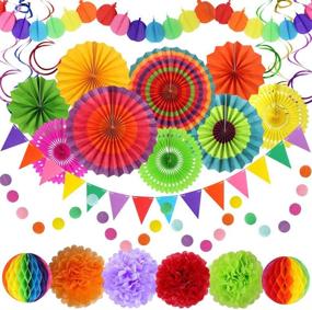 img 4 attached to 🎉 Optimized Mexican Fiesta Party Supplies: Hanging Paper Fans, Pom Poms, Flowers, Swirls, Garlands, String Polka Dot & Triangle Bunting Flags for Birthdays & Rainbow Parties