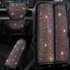 img 4 attached to 🚗 Pinbola Shining Bling Auto Seat Belt Cover & Handbrake Cover & Shift Gear Knob Cushion Set - Lustrous Crystal Diamond Car Decor Accessories (Color) - 4 Pcs Package