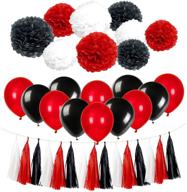 🎉 vibrant red black party decorations kit: pom poms, tassels, balloons & more logo