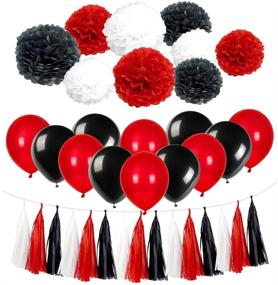 img 4 attached to 🎉 Vibrant Red Black Party Decorations Kit: Pom Poms, Tassels, Balloons & More