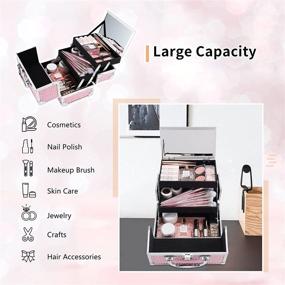 img 1 attached to Costravio Portable Makeup Case, Compact Cosmetic Organizer with 2 Trays for Travel, Lockable Box with Handle and Mirror for Ladies - Pink