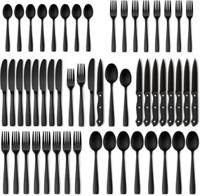img 4 attached to High-Quality 48-Piece Matte Black Silverware Set for 8, Rust-Resistant Stainless Steel Flatware Set with Steak Knives, Hand Wash Recommended