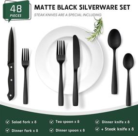 img 3 attached to High-Quality 48-Piece Matte Black Silverware Set for 8, Rust-Resistant Stainless Steel Flatware Set with Steak Knives, Hand Wash Recommended