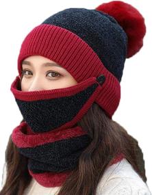 img 4 attached to Women's Winter Knit Beanie Hat with 🧣 Pompom, Scarf, and Mask Set - Cozy and Warm