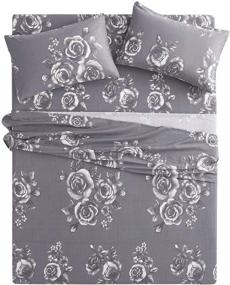 img 2 attached to 🌹 Wake In Cloud - Dark Grey Floral Sheet Set: 100% Cotton Bedding with White Rose Flower Pattern (4pcs, Queen Size)