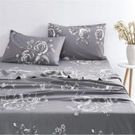 🌹 wake in cloud - dark grey floral sheet set: 100% cotton bedding with white rose flower pattern (4pcs, queen size) logo