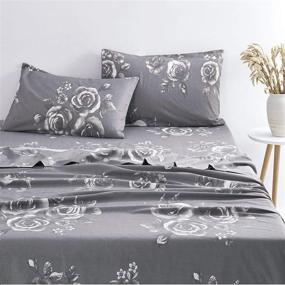 img 4 attached to 🌹 Wake In Cloud - Dark Grey Floral Sheet Set: 100% Cotton Bedding with White Rose Flower Pattern (4pcs, Queen Size)