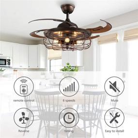 img 3 attached to 🌀 SILJOY 48" Retractable Blades Chandelier Ceiling Fan: Industrial Retro Fandelier with Remote and Antique Rusty Cage for Farmhouse Living Room, Bedroom, Office