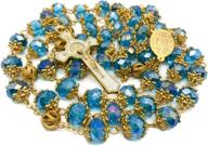 📿 nazareth store light blue crystal beads rosary st benedict beaded necklace 10mm gold plated catholic rosary beads with miraculous medal & san benito cross - includes velvet bag logo