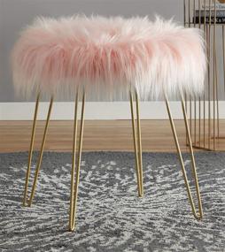 img 4 attached to Ornavo Home Modern Contemporary Faux Fur Pink Vanity Chair Round Ottoman Foot Rest Stool/Seat with Gold Metal Legs - 17&#34; L x 17&#34; W x 18&#34; H