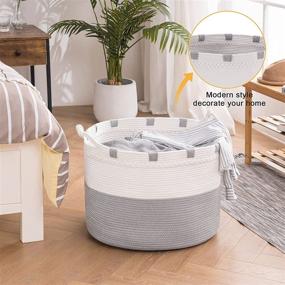 img 3 attached to 🧺 Extra Large Laundry Basket - Oversized Blanket Basket for Blankets, Decorative Woven Storage Hamper for Clothes and Toys in Living Room - Grey and Cream-White, 21W x 16H inches