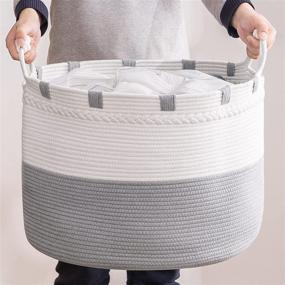 img 4 attached to 🧺 Extra Large Laundry Basket - Oversized Blanket Basket for Blankets, Decorative Woven Storage Hamper for Clothes and Toys in Living Room - Grey and Cream-White, 21W x 16H inches