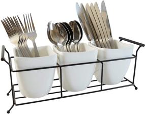 img 4 attached to White Ceramic Silverware Caddy: 🏺 Organize and Display your Utensils with Style