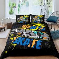 full size skateboard bedding set for kids, teens, and youth - boys duvet cover with extreme sports theme, hipster decor, and hip hop street culture - includes 1 duvet cover and 2 pillow cases logo