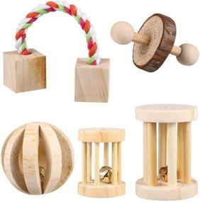 img 4 attached to POPETPOP 5PCS Chew Toys for Hamsters - Natural Wooden Play Toy with Exercise 🐹 Bell Roller - Teeth Care Molar Toy for Bunny Rabbits, Rats, Gerbils, and Other Small Animals