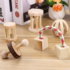 img 3 attached to POPETPOP 5PCS Chew Toys for Hamsters - Natural Wooden Play Toy with Exercise 🐹 Bell Roller - Teeth Care Molar Toy for Bunny Rabbits, Rats, Gerbils, and Other Small Animals