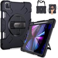 📱 supfives ipad pro 11 case 2021 with pencil holder | shockproof military grade silicone cover + handle + shoulder strap + rotating kickstand | compatible with ipad pro 11 inch 3rd gen 2020/2021 | color: black logo