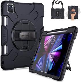 img 4 attached to 📱 SUPFIVES iPad Pro 11 Case 2021 with Pencil Holder | Shockproof Military Grade Silicone Cover + Handle + Shoulder Strap + Rotating Kickstand | Compatible with iPad Pro 11 inch 3rd Gen 2020/2021 | Color: Black