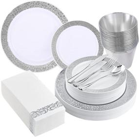 img 4 attached to 🍽️ 210-Piece Disposable Silver Plastic Dinnerware Set, Includes: 30 Dinner Plates, 30 Dessert Plates, 30 Cups, 30 Linen-Like Silver Paper Napkins, and 30-Piece Plastic Silverware Set