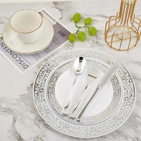 img 2 attached to 🍽️ 210-Piece Disposable Silver Plastic Dinnerware Set, Includes: 30 Dinner Plates, 30 Dessert Plates, 30 Cups, 30 Linen-Like Silver Paper Napkins, and 30-Piece Plastic Silverware Set