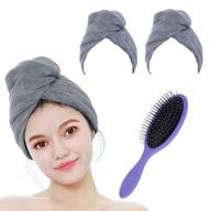 set of 2 microfiber hair towel wraps with hair brush for women - ideal for wet, long, curly, thick hair - dark grey logo