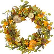 🍁 bibelot 20 inch autumn wreath - pumpkin and maple leaf wreath with green berry for front door hanging wall decor, fall harvest and thanksgiving home decoration логотип