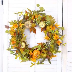 img 3 attached to 🍁 Bibelot 20 inch Autumn Wreath - Pumpkin and Maple Leaf Wreath with Green Berry for Front Door Hanging Wall Decor, Fall Harvest and Thanksgiving Home Decoration