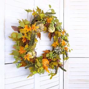 img 2 attached to 🍁 Bibelot 20 inch Autumn Wreath - Pumpkin and Maple Leaf Wreath with Green Berry for Front Door Hanging Wall Decor, Fall Harvest and Thanksgiving Home Decoration