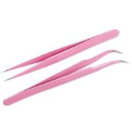 ✂️ akoak 2-piece eyelash extension tweezers set - straight and curved stainless steel tweezers - pink logo