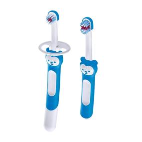 img 4 attached to 🐻 MAM Learn to Brush Set - Baby & Training Brush with Safety Shield, Brushy The Bear, Interactive App - Ideal for Boys 5+ Months - Blue Color