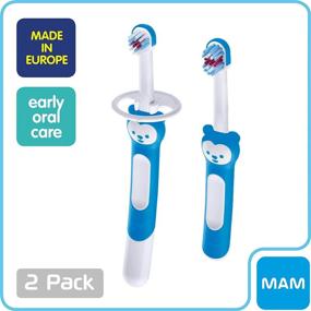 img 2 attached to 🐻 MAM Learn to Brush Set - Baby & Training Brush with Safety Shield, Brushy The Bear, Interactive App - Ideal for Boys 5+ Months - Blue Color