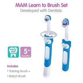 img 1 attached to 🐻 MAM Learn to Brush Set - Baby & Training Brush with Safety Shield, Brushy The Bear, Interactive App - Ideal for Boys 5+ Months - Blue Color