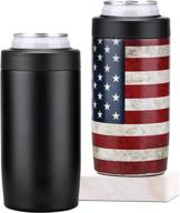 🍺 2-pack 4-in-1 slim can cooler - stainless steel can sleeves for 12 oz beer & soda, insulated to keep beverages cold - american flag & black логотип